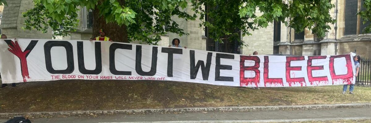 Large horizontal banner saying you cut we bleed